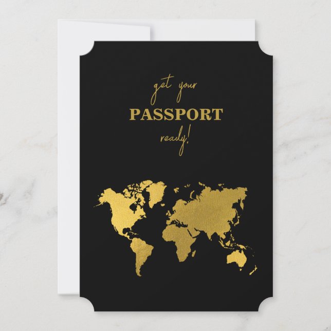 Convite Destination Wedding World Passport Black Gold (Frente)