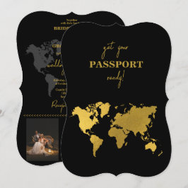Convite Destination Wedding World Passport Black Gold