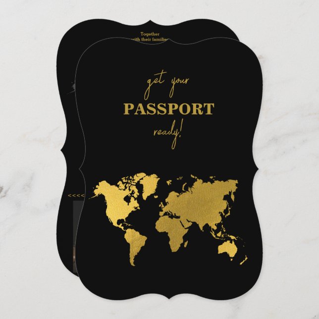 Convite Destination Wedding World Passport Black Gold (Frente/Verso)