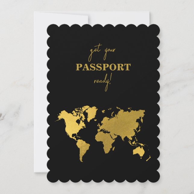 Convite Destination Wedding World Passport Black Gold (Frente)