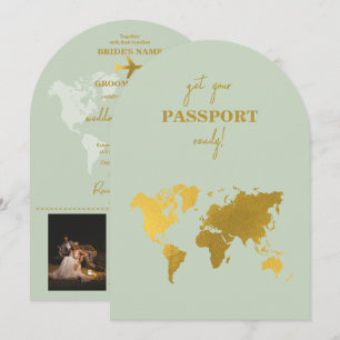 Convite Destino Casamento do World Passport Sage Green Dou