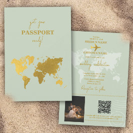 Convite Destino Casamento do World Passport Sage Green Dou