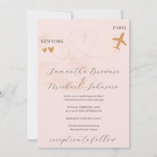 Convite Destino cor-de-rosa avião vôo casamento no exterio