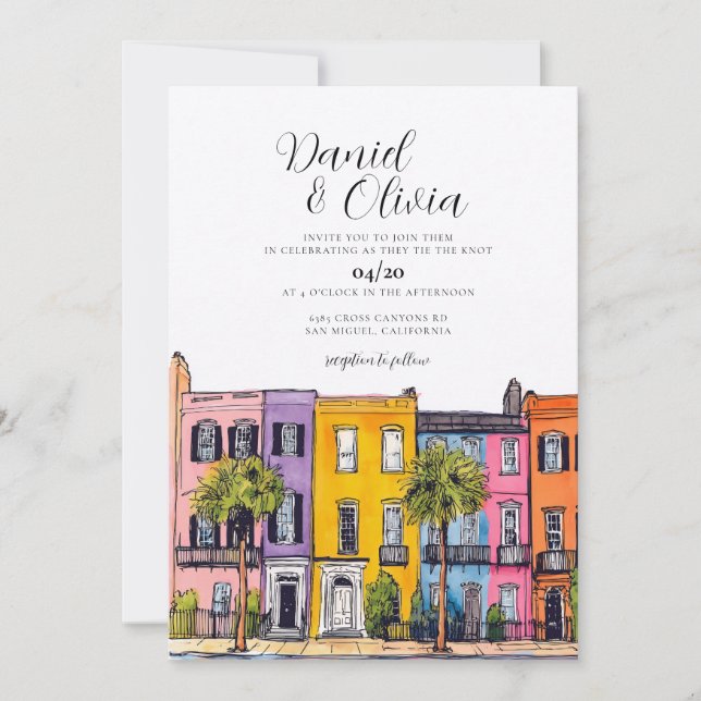 Convite Destino de Casamento com Aquarela de Charleston (Frente)