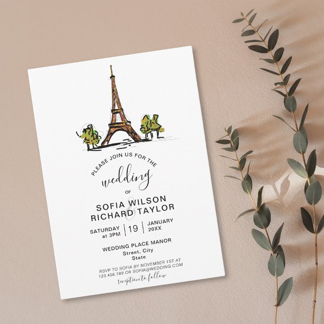 Convite Destino de Casamento Desenhado à Mão Torre Eiffel  (paris Eiffel tower hand drawn doodle wedding invitation )