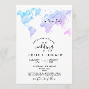 Convite Destino de Casamento Mapa Mundial Aquarela Coração