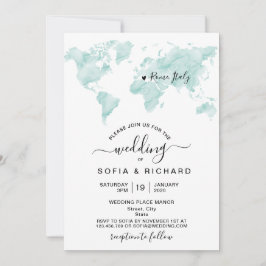 Convite Destino de Casamento Mapa Mundial Aquarela Coração