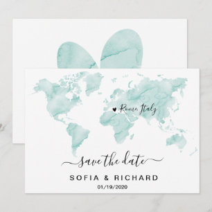 Convite Destino de Casamento Mapa Mundial Aquarela Coração