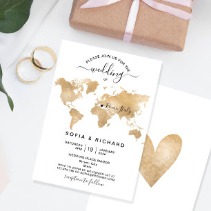 Convite Destino de Casamento Mapa Mundial Dourado Coração