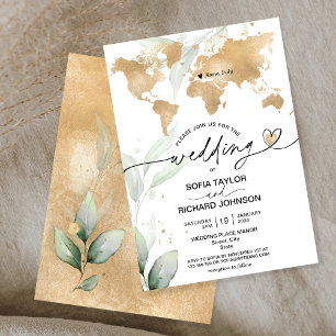 Convite Destino de Casamento Mapa Mundial Floral Dourado