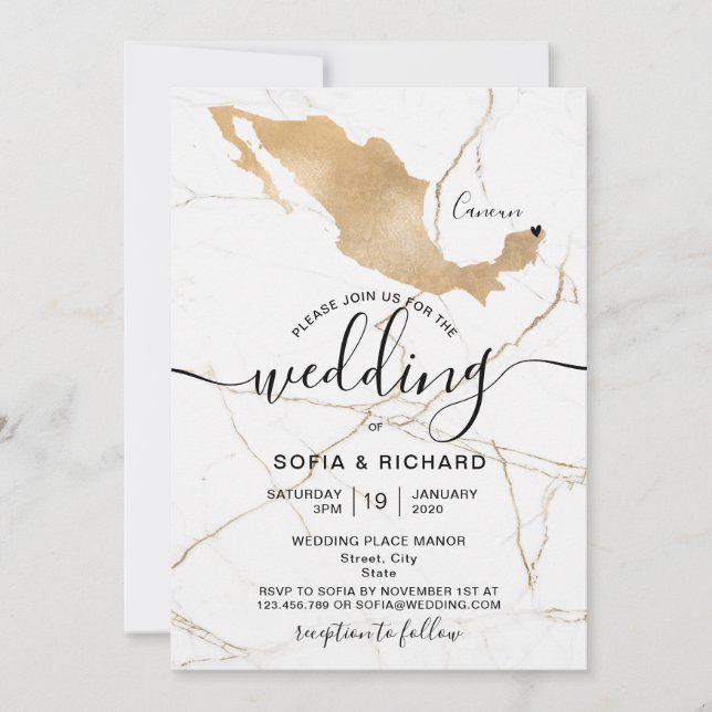 Convite Destino de Casamento México Ouro Coração Móvel  (Frente)