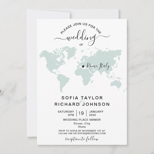 Convite Destino de Casamento Minimalista Simples Mapa Mund (Frente)