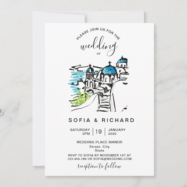 Convite Destino de Casamento Moderno Ilha Grega Skiathos (Frente)