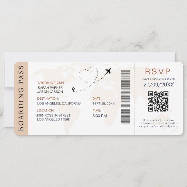 Convite Destino de Embarque Código QR de Casamento Rsvp (Frente)