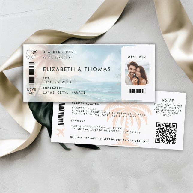 Convite Destino de Praia Embarque Pass QR Todos Um Casamen (beach destination wedding invitation boarding pass qr code all in one tropical watercolor)