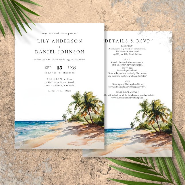 Convite Destino de Praia Tropical Casamento Tudo Em Um (Tropical Beach Destination All In One Wedding Invitation)