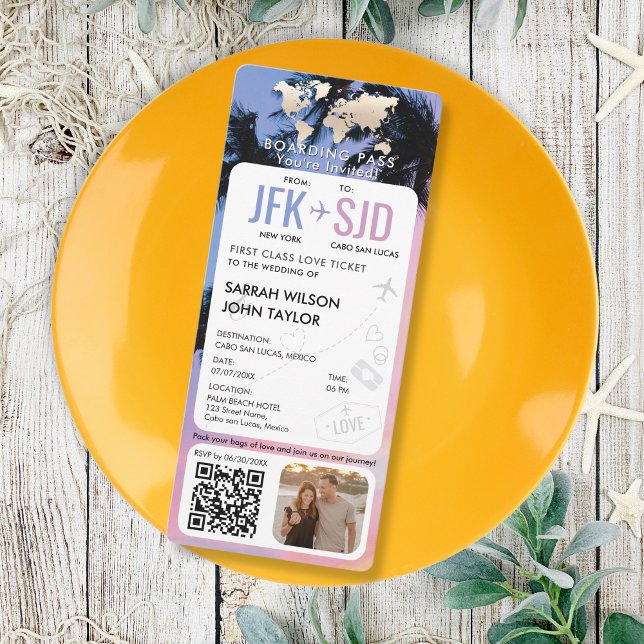 Convite Destino do Bilhete de Passagem de Embarque de Prai (modern vertical boarding pass wedding invitation with tropical beach background IN PINK AND BLUE)