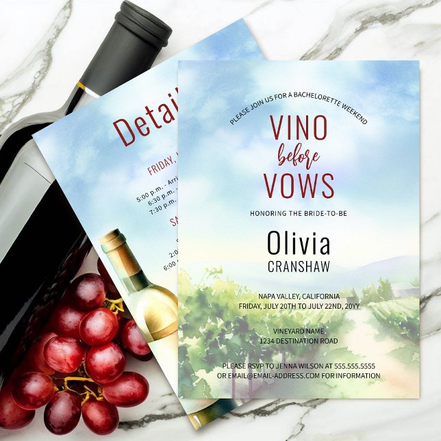 Convite Destino do Provando de Vinho festa de solteira (Bachelorette party wine tasting destination invitation front and back view.)