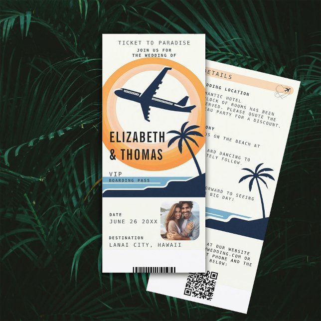 Convite Destino Tropical Embarcarando Casamento Fotográfic (tropical beach destination wedding invitation boarding pass qr code all in one watercolor modern)