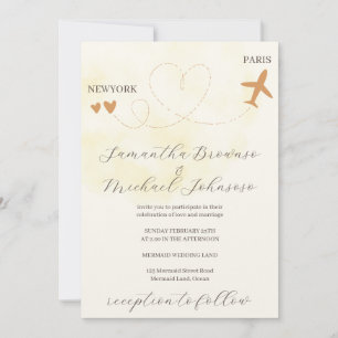 Convite Destino vôo de avião no exterior amarelo casamento