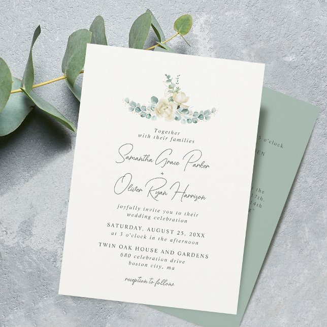Convite Detalhe de casamento de Magnólia Branca Elegante E (Elegant White Magnolia Eucalyptus Wedding Detail Invitation)