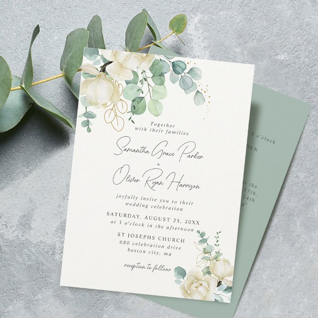 Convite Detalhe de Casamento de Magnolia Eucalyptus Elegan (Elegant Magnolia Eucalyptus Wedding Detail and Invitation)