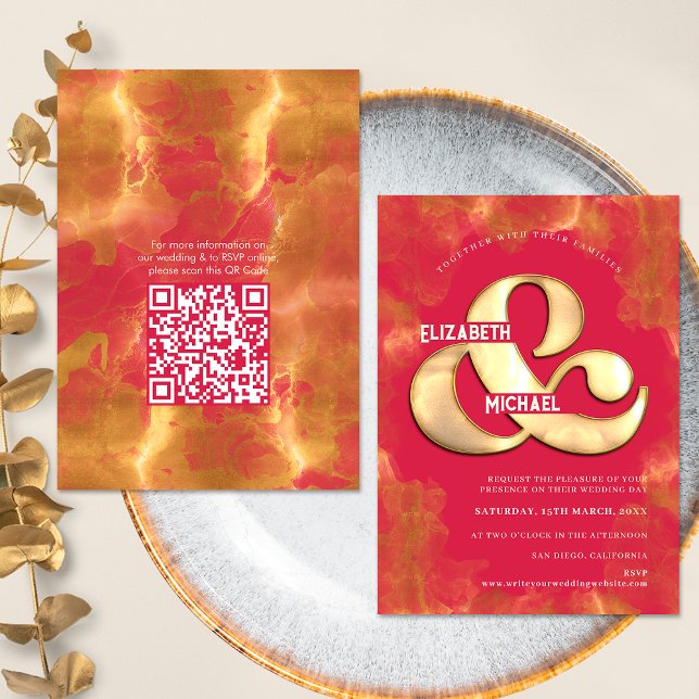Convite Detalhe do Código QR de Casamento de Magenta Doura (Front / Back)
