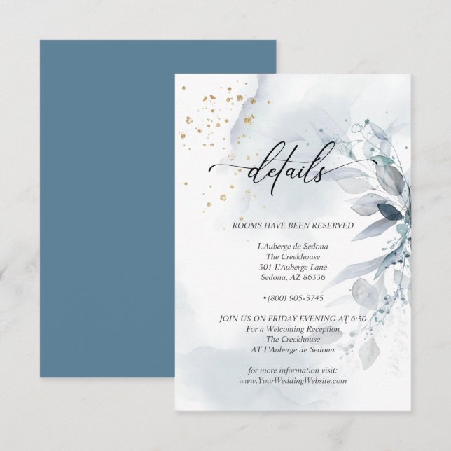 Convite Detalhes 2 Folhagem Elegante Poeira Azul Aquarela (Frente/Verso)