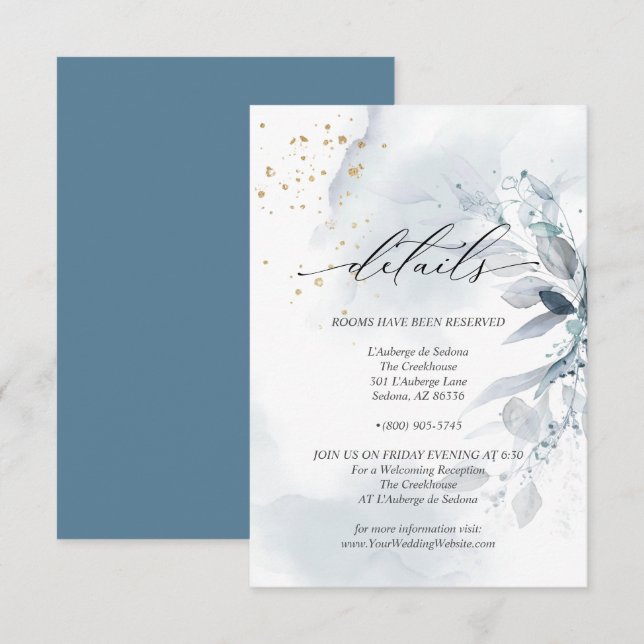 Convite Detalhes 3 Folhagem Elegante em Azul Poeira Aquare (Frente/Verso)