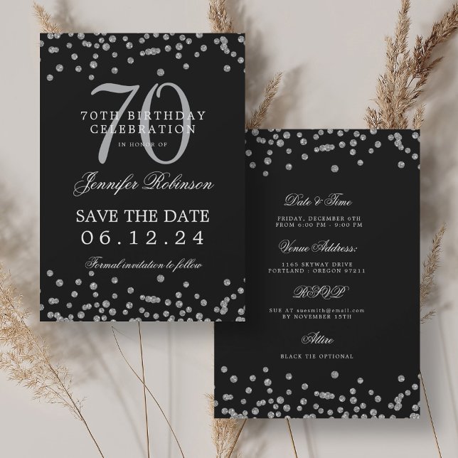 Convite Detalhes da data de salvamento do 70 de Prata Aniv (Silver 70th Birthday Save Date Details Black Invitation)