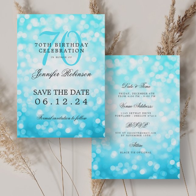 Convite Detalhes da data de salvamento do Turquoise Bokeh  (Turquoise Bokeh 70th Birthday Save Date Details Invitation)