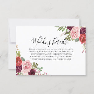 Convite Detalhes da Recepção de Casamento com Flores Rosa 
