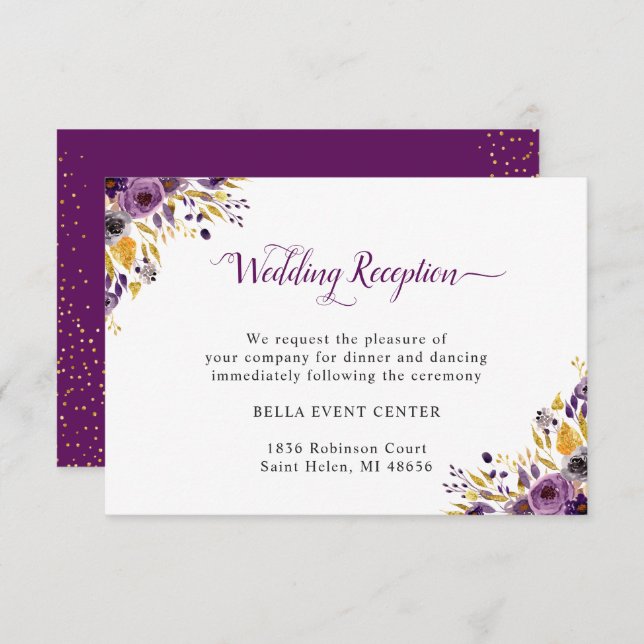 Convite Detalhes da Recepção de Casamento Floral Roxo Dour (Frente/Verso)