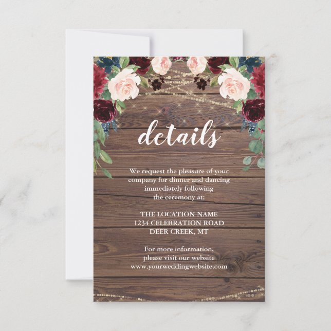 Convite Detalhes da Recepção de Casamento Rústico em Marsa (Frente)