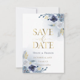 Convite detalhes das flores azuis e do ouro falso | salvar