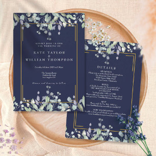 Convite Detalhes de Casamento Azul Naval Floral Lilás Tudo