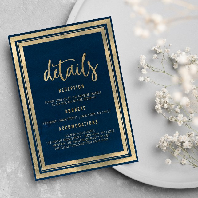 Convite Detalhes de casamento azul naval ouro de luxo mini (Minimalist luxury gold navy blue wedding Details )