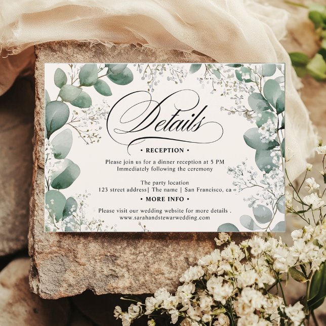 Convite Detalhes de Casamento com Eucalipto Salvia e Respi (Sage Eucalyptus Baby’s Breath Wedding Details Invitation)