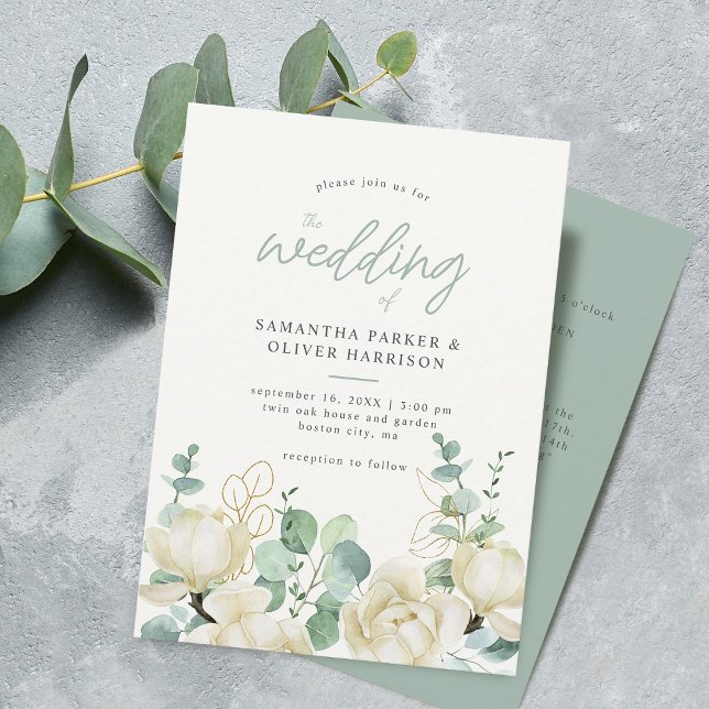 Convite Detalhes de Casamento de Eucalyptus Magnolia Elega (Elegant Magnolia Eucalyptus Wedding Details and Invitation)