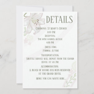 Convite Detalhes de Casamento de Lírio Branco Elegante Car