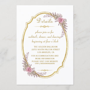 Convite Detalhes de Casamento de Quadro Dourado Floral de