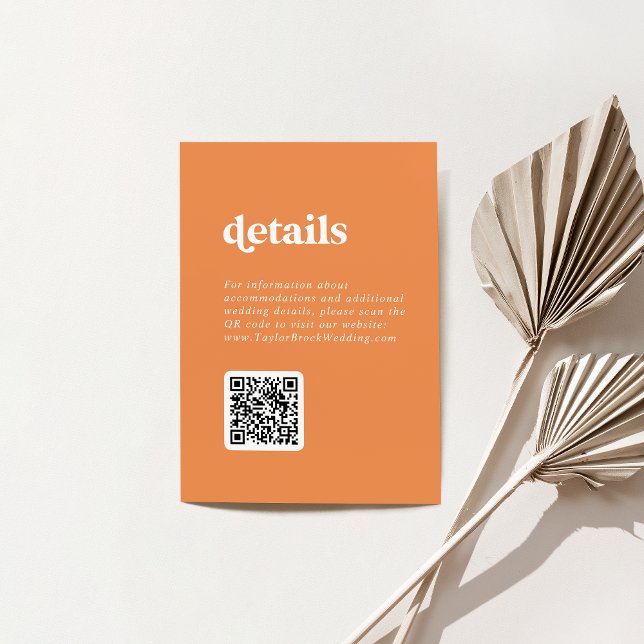 Convite Detalhes de Casamento do Código QR Branco Laranja  (Retro Summer Orange White QR Code Wedding Details Invitation)