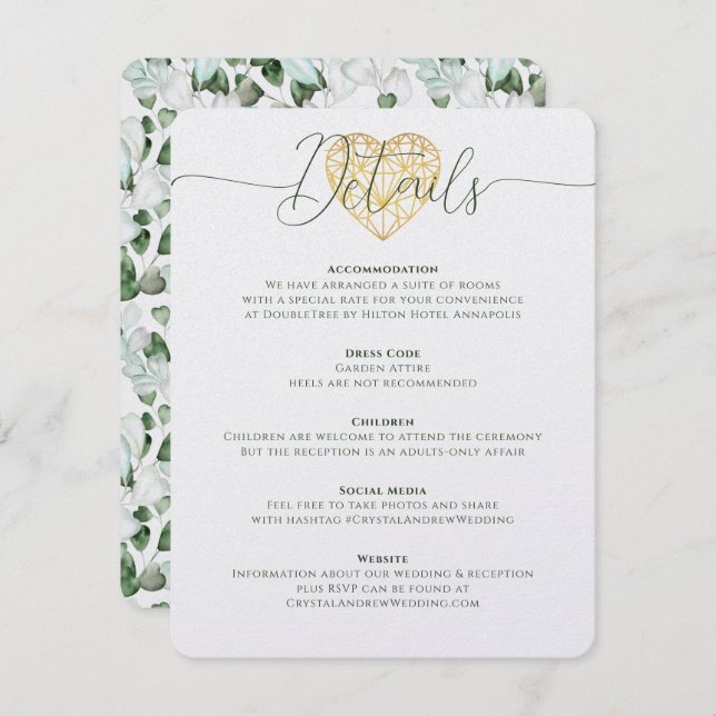 Convite Detalhes de Casamento do Coração Elegante Eucalypt (Frente/Verso)