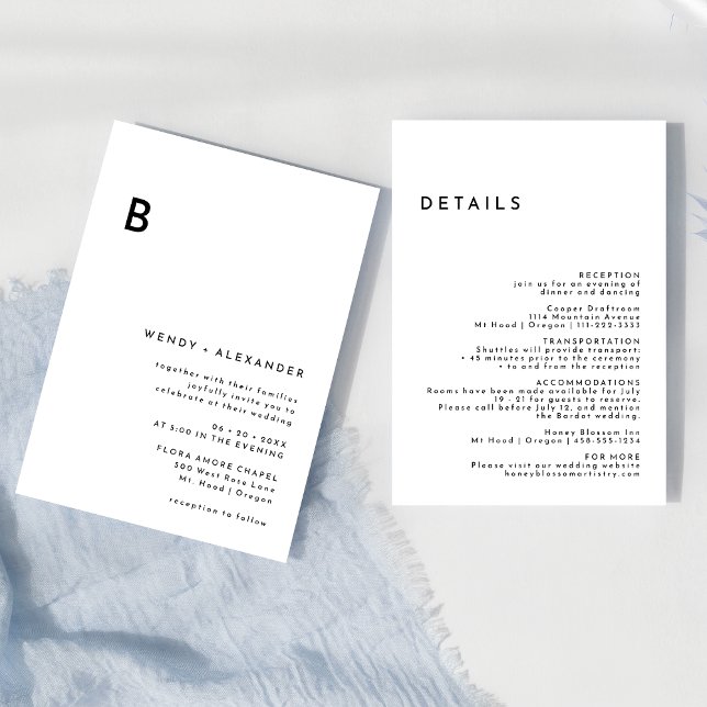 Convite Detalhes de Casamento do Monograma Branco Moderno  (Criador carregado)