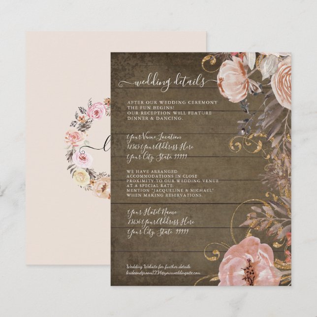 Convite Detalhes de Casamento em Madeira Rústica com Rosa  (Frente/Verso)