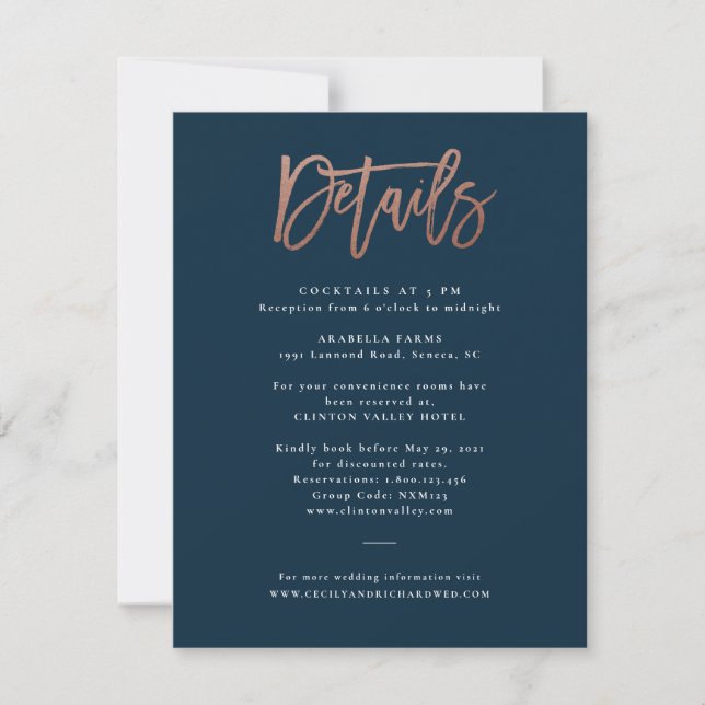 Convite Detalhes de Casamento em Rose Gold com Letra Moder (Frente)