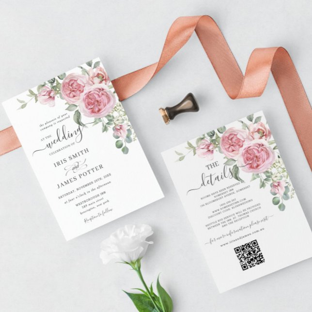 Convite Detalhes de Casamento Floral Rosa-Rosa-Blush Chic  (Criador carregado)