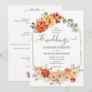 Convite Detalhes de Casamento Laranja Floral em Aquarela C