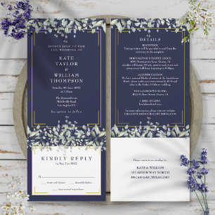 Convite Detalhes de Casamento Lilás Azul Naval Tudo Em Um