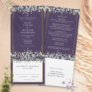 Convite Detalhes de Casamento Lilás Folhagem Roxo Tudo Em